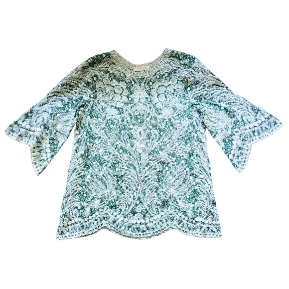 Anthropologie Tops - Solitaire Anthropologie Green White Floral Embroidered Blouse 3/4 Sleeves Small